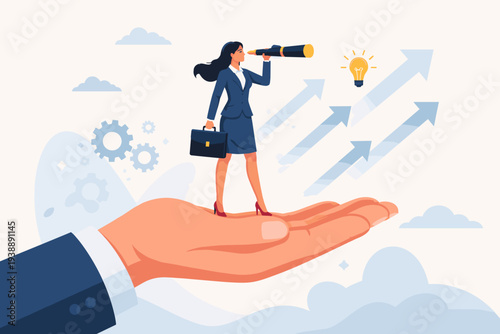 Business visionary woman looking for career opportunity and leadership direction standing on giant hand. Concept of professional growth, success, future strategy, and corporate support system.