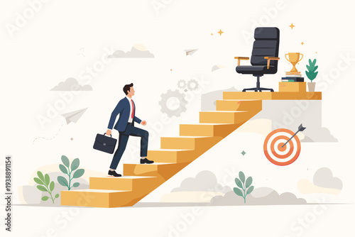 Businessman climbing golden stairs towards an executive chair, symbolizing career growth, job promotion, professional success, personal development, and reaching leadership goals in business.