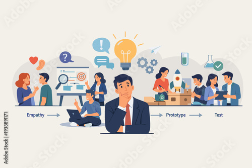 Design thinking process and strategic thinking concept for problem solving. Illustration of business people collaborating through empathy, ideation, prototyping, and testing stages for innovation.