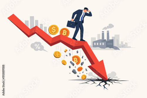 Economic Recession and Stock Market Crash Illustration with Businessman Standing on a Falling Red Arrow, Cryptocurrency Bitcoin Plunge, Financial Crisis, Inflation, and Global Market Downturn.