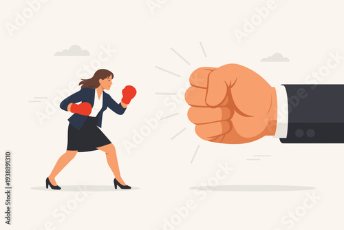 Strong Businesswoman in Boxing Gloves Facing a Giant Corporate Fist, Concept of Gender Equality, Feminism, Career Challenges, Women Empowerment, and Overcoming Professional Barriers in Business