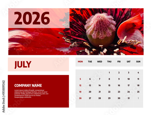 Letter calendar for  july 2026. The week begins on Sunday. Time, planning, schedule concept, and includes notes. Flat design. Removable calendar for the month. Vector illustration.