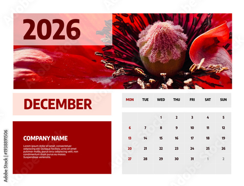 Letter calendar for  december 2026. The week begins on Sunday. Time, planning, schedule concept, and includes notes. Flat design. Removable calendar for the month. Vector illustration.