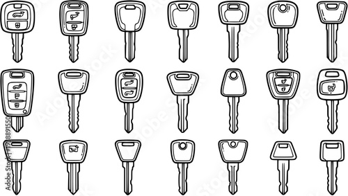 Automotive Car Keys Vector Line Art Set. Collection of Black  White Outline Vehicle Key Fobs, Traditional Auto Keys, and Transponder Car Remotes Illustration.