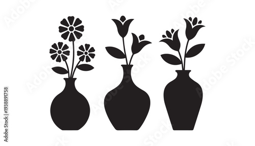 black color vase flower set of silhouette vector illustration, solid white background