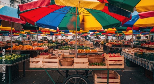 Colorful Market Stalls Display Fresh Produce.