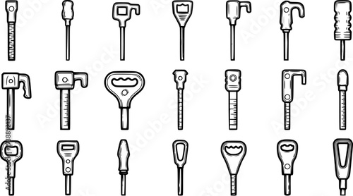 Black and White Line Art Icons Set: Diverse Collection of Bottle Openers, Utility Tools, and Mechanical Keys - Hardware and Barware Glyph Illustrations