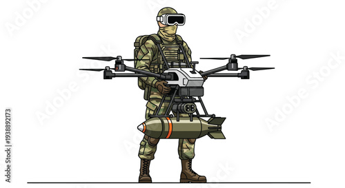 Soldier operating a drone carrying a bomb digital illustration style