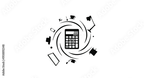 Calculator at the center of a swirling vortex of educational and business icons