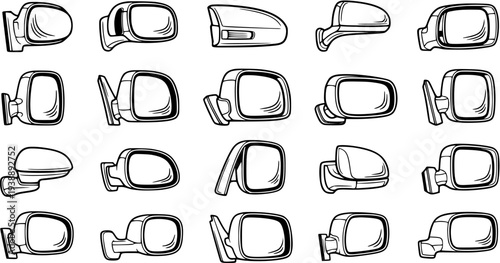 Black and White Line Art Collection of Various Car Side Mirrors