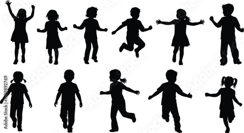 Children silhouette collection, happy kids jumping running playing poses, childhood activity people set isolated black silhouette flat vector illustration