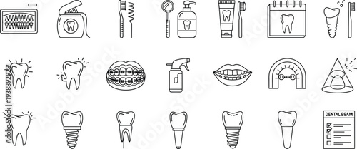 Comprehensive dental care icon set featuring teeth, braces, implants, dental tools, and oral hygiene products, minimalist black line vector illustrations,