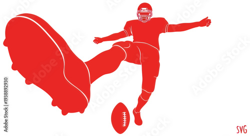 American Football Player Kicking Ball, Dynamic Action Silhouette, Red Graphic