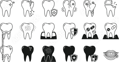 dental care tooth icons cavity protection orthodontic hygiene dentist medical health treatment dentistry symbol collection flat vector illustration