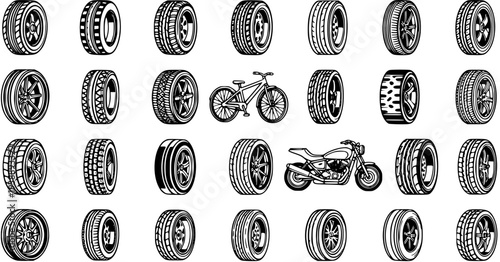Black and White Line Art of Various Tires, Wheels, Bicycle, and Motorcycle for Automotive Industry
