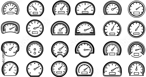 Automotive Speedometer and Gauge Line Art Icons Collection. Black and White Outline Set of Vehicle Dashboard Instruments for Speed and Performance Measurement.