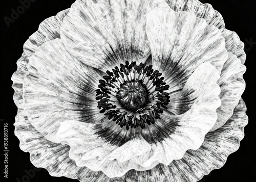 A vintage black and white flower mandala vector illustration featuring a rose spiral pattern with ammonite shell textures for a floral art design