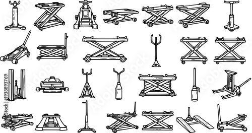 Automotive Lifting Equipment Black  White Line Art Vector Icons. Garage Car Jacks, Scissor Lifts, Jack Stands  Mechanic Tools Set.