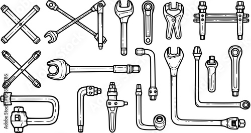 Automotive Repair  Mechanic Tools Black  White Line Art Vector Set. Wrenches, Spanners,  Maintenance Equipment Outline Collection.