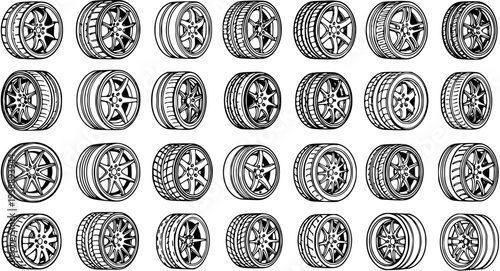 Automotive Car Wheels and Tires Black and White Line Art Vector Collection. Vehicle Rims and Tyres Outline Set.