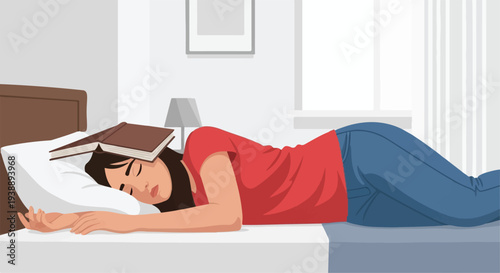 Young Woman Sleeping on Bed with Book on Head, Resting and Relaxing at Home