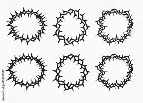 set of vector round circle with spike frame border elements , set of crown of thorns