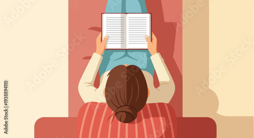 Overhead perspective of a person unwinding in a cozy setting, deeply absorbed in reading an engaging book, perfect for quiet reflection and personal enjoyment