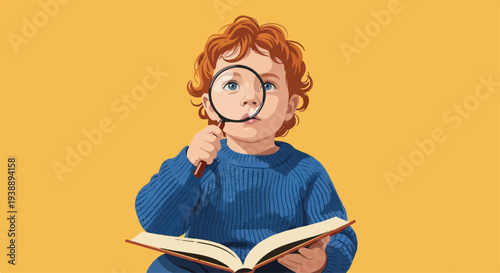 Curious child with red hair looking through a magnifying glass at an open book, highlighting a spirit of discovery and learning