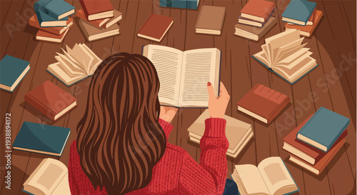 Young woman engrossed in reading a book surrounded by many open and closed books scattered on a wooden surface, symbolizing knowledge and education