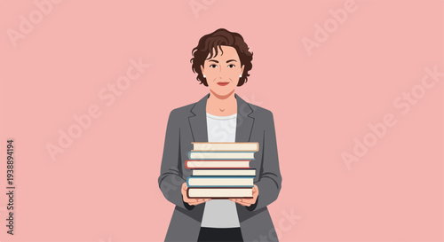 A confident and determined professional woman holds a stack of educational books, embodying intellectual growth, academic pursuit, and a strong commitment to lifelong learning