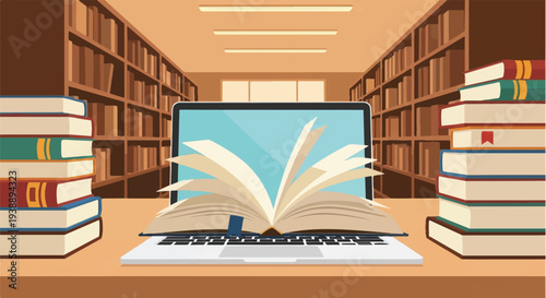 Open book on laptop with stacks of books and bookshelves in background, symbolizing online education, e-learning, and digital library