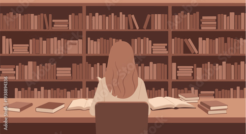 A person sitting at a desk in a library, engrossed in reading books surrounded by shelves of literature