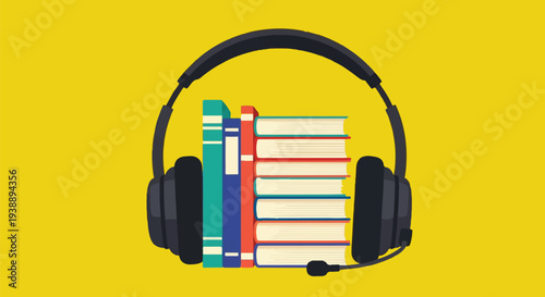 Conceptual illustration depicting a stack of colorful books with headphones and a microphone, symbolizing the immersive world of audio learning, podcasts, and digital storytelling
