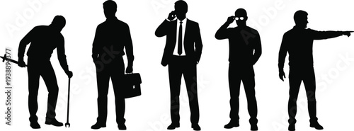 Black and white vector silhouettes of professional men, workers, and business people in various poses including pointing, talking, and carrying briefcase