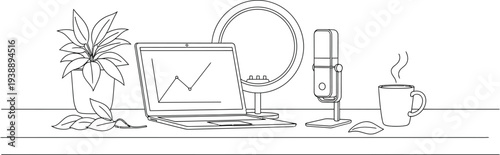 Modern workspace setup illustration showing a laptop with a rising graph next to essential broadcasting equipment for content creation.