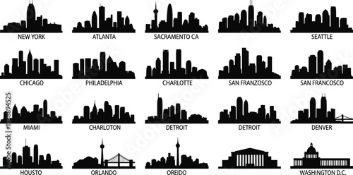 Black City Skyline Silhouettes Collection Featuring Major United States Urban Landmarks New York Chicago Seattle Atlanta Miami Houston Washington DC Vector