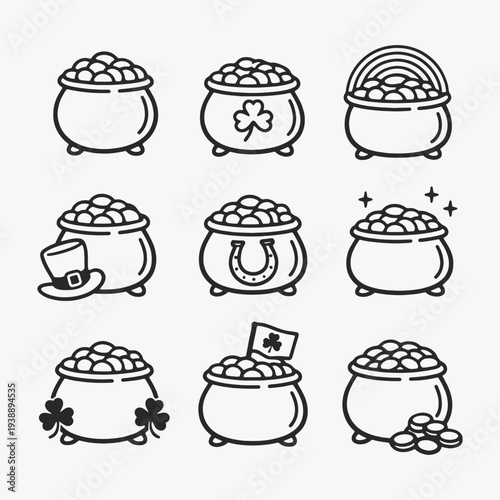 A set of St patricks day pots of gold icons focuses on simplicity, elegance, and ease of recognition. Vector Sign for Logos, Labels, and Icons.