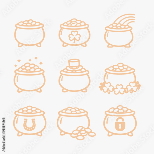 A set of St patricks day pots of gold icons focuses on simplicity, elegance, and ease of recognition. Vector Sign for Logos, Labels, and Icons.