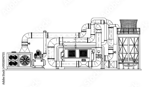 Industrial HVAC system technical line drawing with cooling tower outdoor unit and ventilation ductwork vector illustration