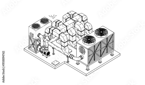 Isometric industrial HVAC installation with cooling tower compressor and ventilation ducts technical vector