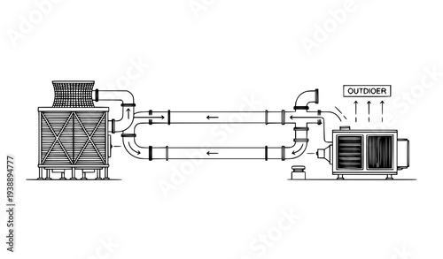 Industrial HVAC airflow system diagram with cooling tower compressor and ventilation ducts line vector illustration