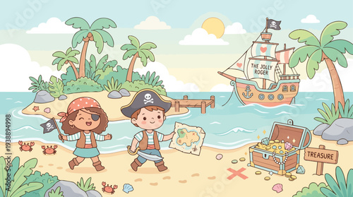 Cute Pirate Kids Discover Treasure Chest on Tropical Island Vector