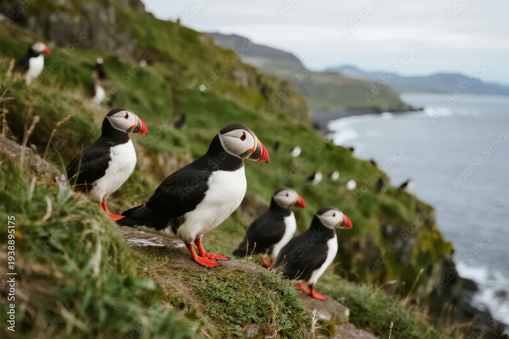 Fototapeta premium Atlantic puffins standing on a grassy cliff overlooking the ocean