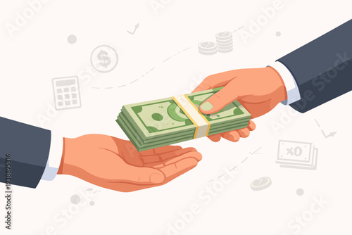 Business Hand Giving Stack of Cash Money to Another Person for Loan, Debt, Payment, Bonus, or Credit Concept. Financial Transaction, Lending, Borrowing, Salary, and Investment Illustration.