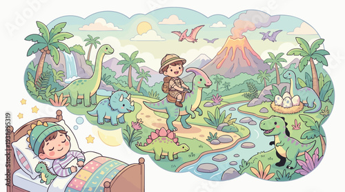 Child dreaming of dinosaur adventure with explorer