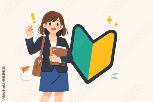 Cheerful Young Businesswoman or New Graduate Starting a New Career as a New Hire Employee with a Shoshinsha Beginner Mark Symbol, Concept of Newcomer Motivation, Job Recruitment and Success.