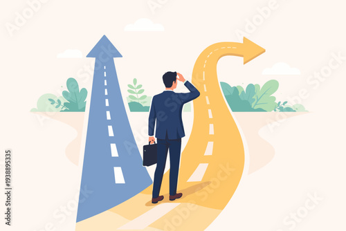 Businessman at a crossroads choosing between two paths, career change concept, deciding on a new direction or opportunity, professional growth, future planning, and business strategy vector.