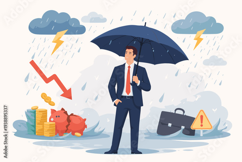 Businessman Holding Umbrella Protecting Himself from Financial Crisis, Economic Recession, and Business Risks with Broken Piggy Bank, Falling Market Arrow, and Stormy Weather Vector Concept