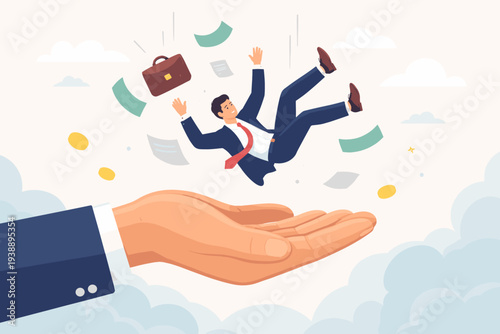 Businessman Falling from Sky with Money and Briefcase Being Caught by a Giant Hand Representing Financial Support, Insurance, Safety Net, and Rescue During Economic Crisis or Bankruptcy Concept