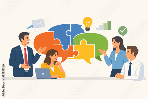 Business Professionals Collaborating and Brainstorming Ideas with Jigsaw Puzzle Speech Bubbles, Teamwork Concept for Effective Communication, Problem Solving, and Corporate Success Strategy.